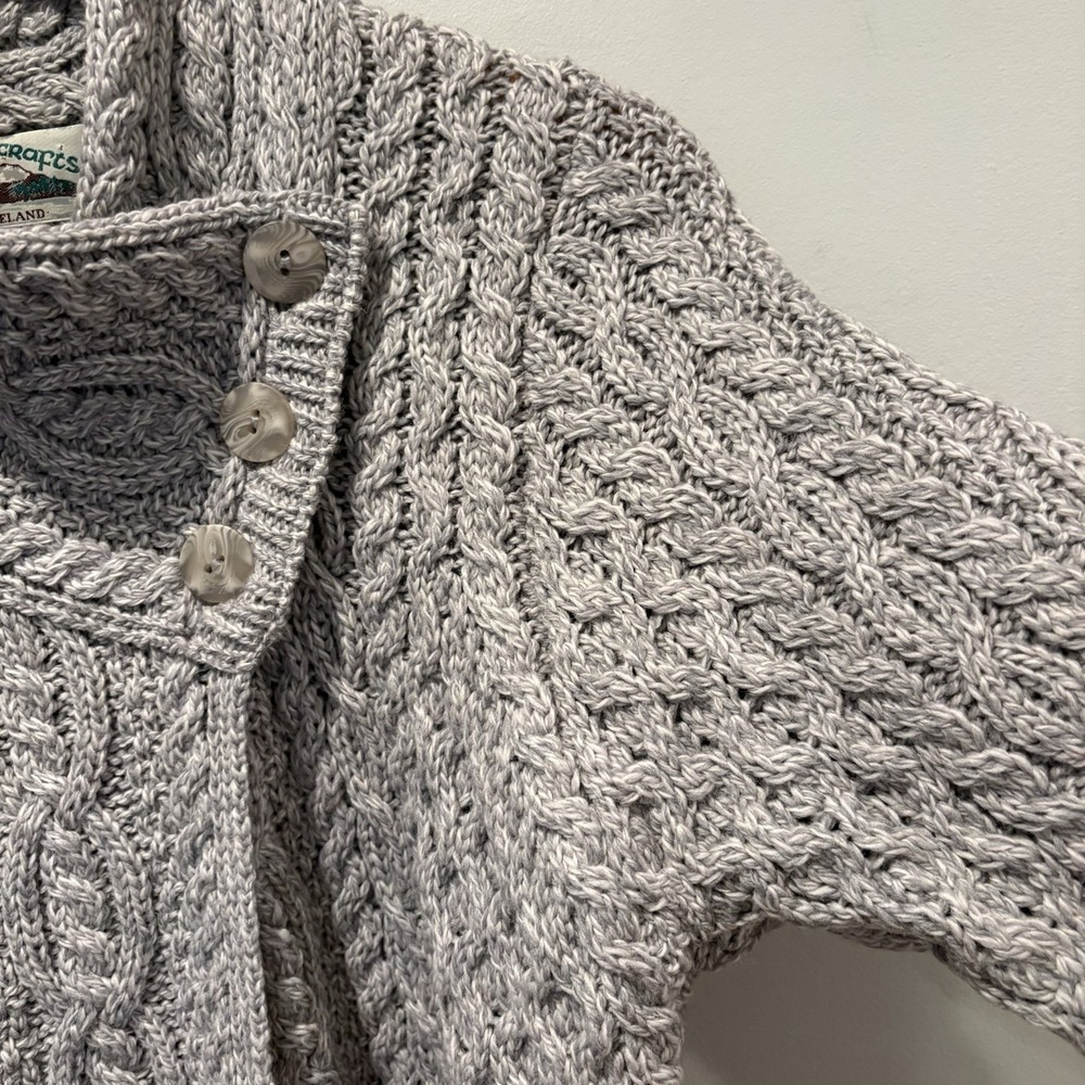 Aran Crafts Asymmetric Cable Knit Cardigan Sweater 100% Merino Wool Sz M Gray - Picture 3 of 8